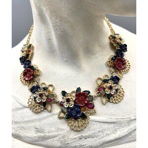 TALBOTS Enamel & Rhinestone Flower Garden Bib Necklace Gold Tone Multicolor
